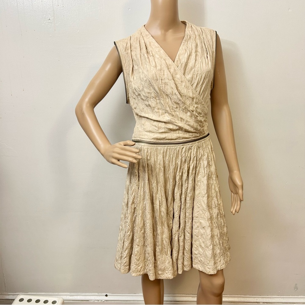 All Saints Cream Textured Sleeveless Wrap Top Silk Dress Zipper Accents